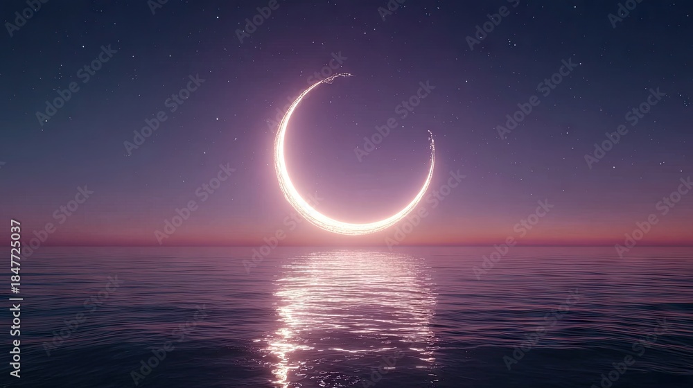 Fototapeta premium Glowing crescent above calm water reflecting light at sunset