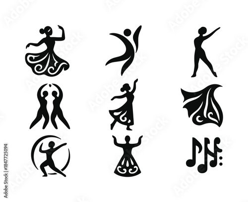 Dance silhouette icons set. featuring ballet, flamenco, contemporary, salsa, folk, and music symbols