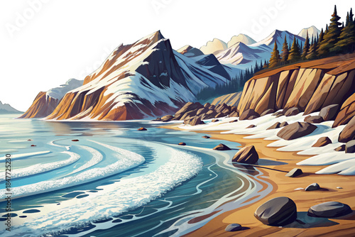 Alaskan coastal beach appears remote and extreme with snow covered sand, icy ocean waves, storm winds, and mountain backdrops creating a powerful frozen shoreline environment