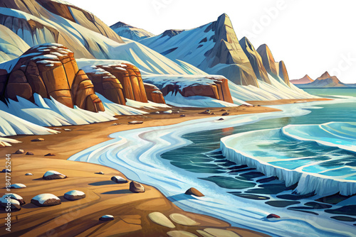 Alaskan coastal beach appears remote and extreme with snow covered sand, icy ocean waves, storm winds, and mountain backdrops creating a powerful frozen shoreline environment