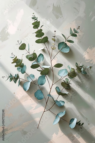 Vintage style minimalist eucalyptus branch line drawing, wallpaper, muted sage and pastel beige palette