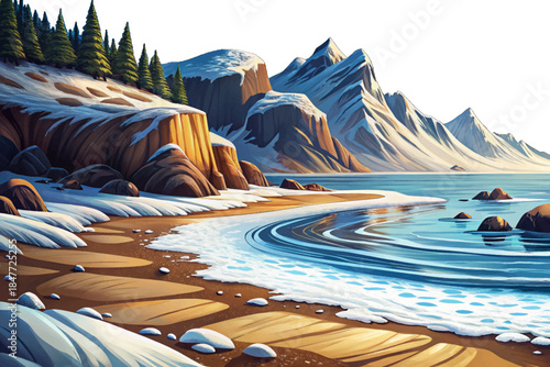 Alaskan coastal beach appears remote and extreme with snow covered sand, icy ocean waves, storm winds, and mountain backdrops creating a powerful frozen shoreline environment