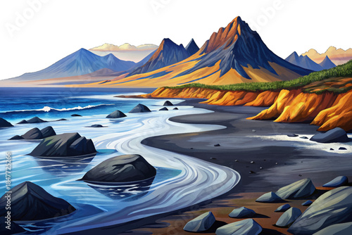 Black Sand Beach features dark volcanic sands, cold ocean waters, dramatic mountain backdrops, and raw coastal wilderness showcasing Alaska’s rare and lesser-known shoreline beauty