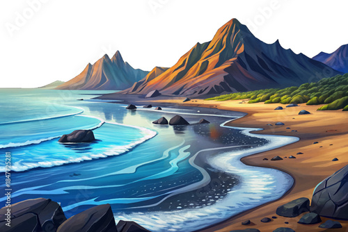 Black Sand Beach features dark volcanic sands, cold ocean waters, dramatic mountain backdrops, and raw coastal wilderness showcasing Alaska’s rare and lesser-known shoreline beauty