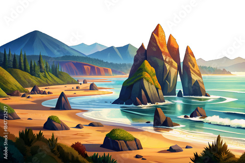 Cannon Beach shows towering sea stacks, violent Pacific waves, dark storm clouds, and wind-driven rain creating a moody and powerful coastal atmosphere during intense winter storms