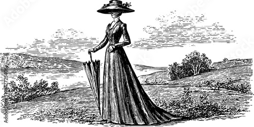 Edwardian era lady in elegant dress and hat holding parasol in scenic landscape