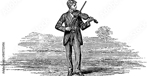 Vintage full body portrait of 1900s musician holding violin in engraved style for retro design