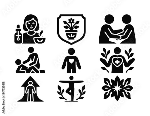 Wellness and mindfulness silhouette icon set. featuring yoga, meditation, therapy, growth, nature, and health symbols