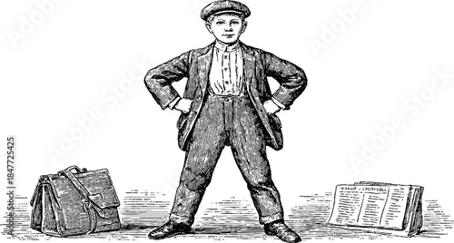 Vintage portrait of a 1900s newspaper boy in engraved style