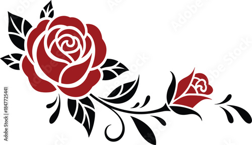 Stunning Floral Motif Featuring Red Roses And Black Decorative Foliage Graphic Design