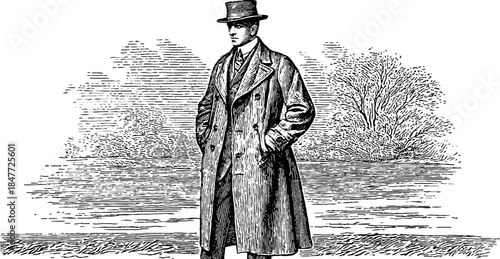 Vintage 1920s writer in long coat in nature scene - retro silhouette illustration for design