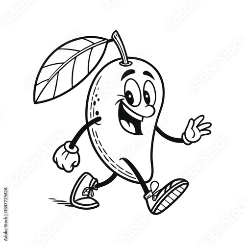 Outline drawing of a happy cartoon mango walking with a leaf fruit food