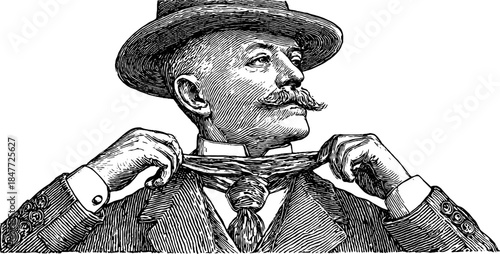 Vintage 1950s businessman adjusting tie in classic portrait illustration
