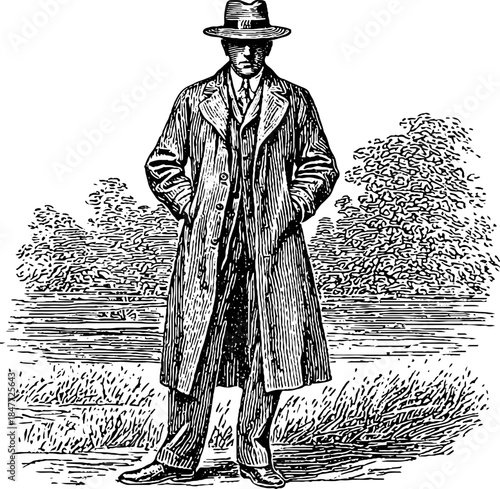 Vintage 1950s gentleman in fedora and trench coat full body portrait sketch