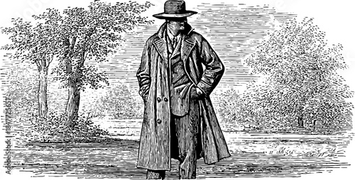 Vintage 1920s writer in long coat silhouette for retro design and decor