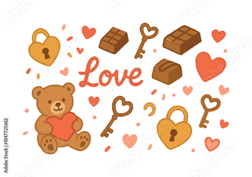 Valentine’s day flat icon set. featuring bear, heart, lock, key, and chocolate symbols