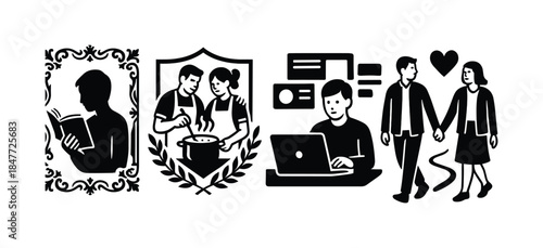 Silhouette icon set. featuring reading, cooking, working, love symbols