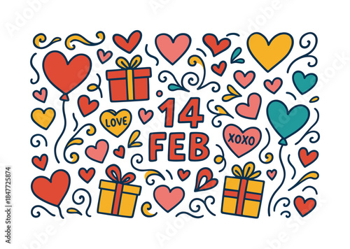 Valentine's day flat icon set. featuring hearts, gifts, balloons, love, and february 14 symbols