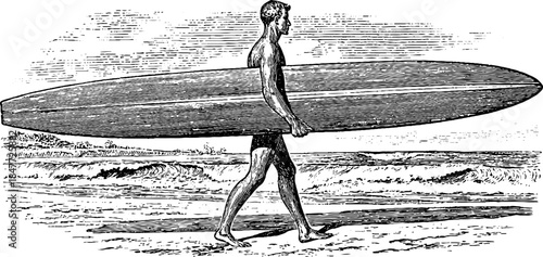 Vintage 1950s surfer silhouette carrying longboard on beach
