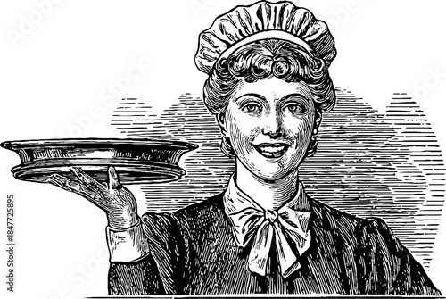 Vintage 1950s waitress in diner sketch illustration for retro design