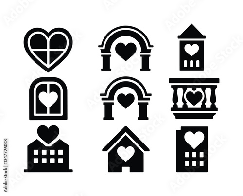 Wedding venue silhouette icon set. featuring heart windows, arches, balconies, and buildings