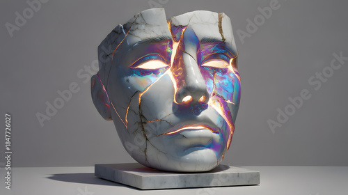 Reconstructed Identity: A striking depiction of a fractured face, masterfully pieced back together with luminous golden veins, symbolizing resilience, and renewal.