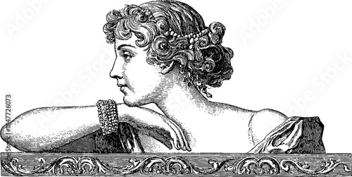Baroque court lady portrait with elaborate hairstyle in vintage style design