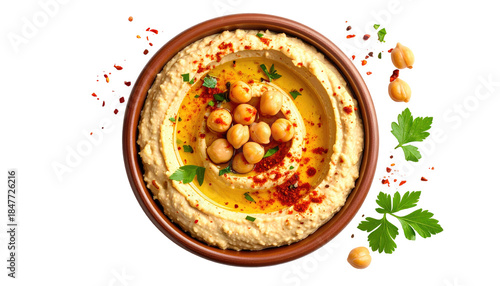 A close-up shot of creamy hummus in a rustic brown bowl, garnished with chickpeas, olive oil, parsley, and paprika