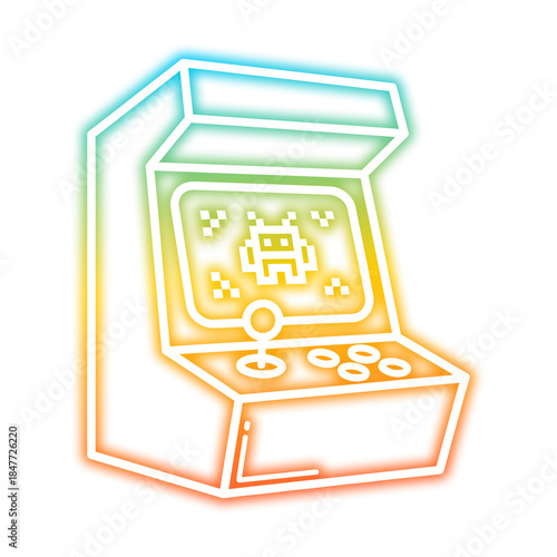 Neon arcade machine with pixel alien in retro gaming zone, used for banner design, icon category