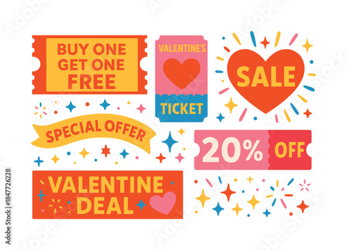 Valentine's day flat icon set. featuring sale, ticket, heart, special offer, deal, and discount symbols