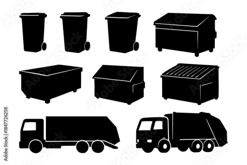 Silhouette icons of garbage bins and waste collection trucks.
