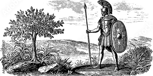 Chinese scout in light armor - vintage engraved silhouette for design and print