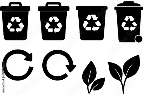 Set of recycling bins and symbols for eco-friendly waste management.