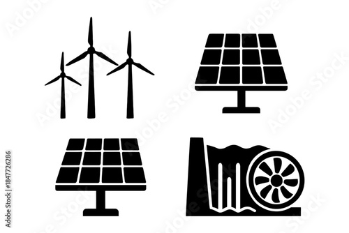 Renewable energy icons: wind turbines, solar panels, hydropower symbols.