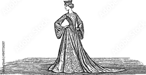 Elegant court lady in royal gown silhouette sketch for vintage design