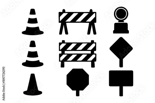 Collection of traffic cones and road sign icons in black silhouettes.