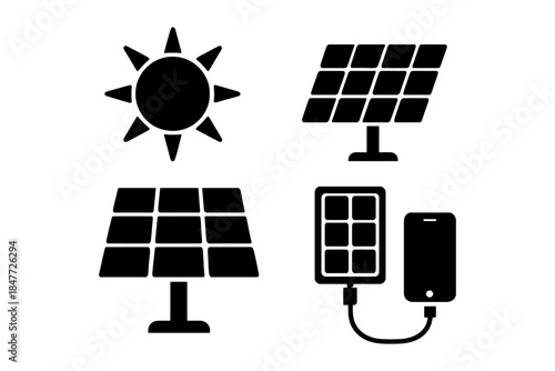 Black solar energy icons featuring panels and sun symbols.