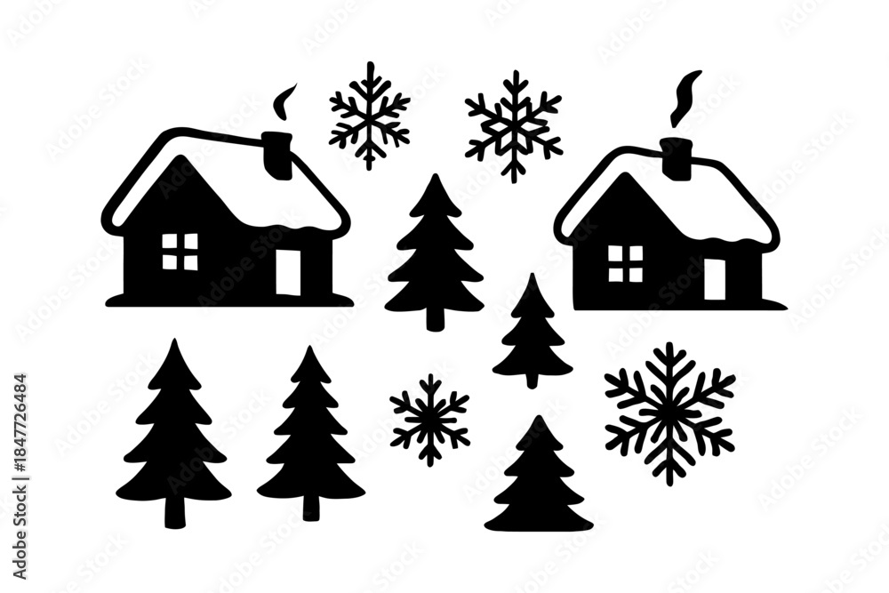 Fototapeta premium Winter holiday scene with snowy houses, pine trees, and snowflakes silhouette.