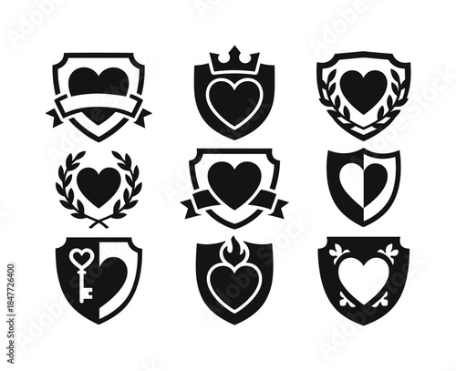 Love and heart silhouette icon set. featuring heart, shield, crown, wreath, flame, and ribbon symbols