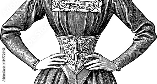 Ornate vintage court lady silhouette with detailed gown design for historical concepts