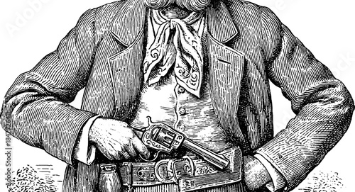 Vintage cowboy full body portrait silhouette with revolver for western themed designs