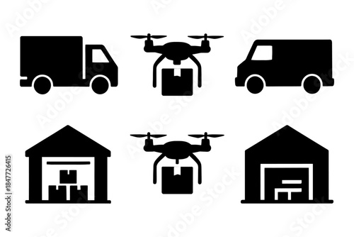 Logistics icons: delivery trucks, drones, warehouses for efficient shipping solutions.