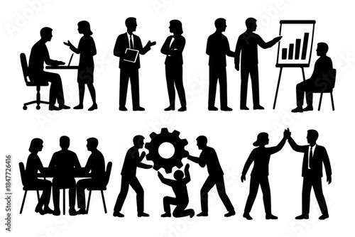 Silhouettes of business team collaborating and presenting in office settings.