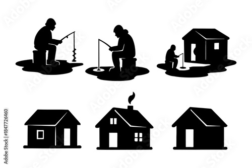 Silhouettes of ice fishing and winter cabins in monochrome design.