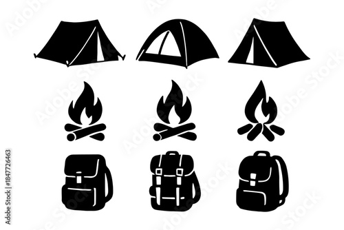 Camping essentials: tents, campfires, and backpacks icons set.