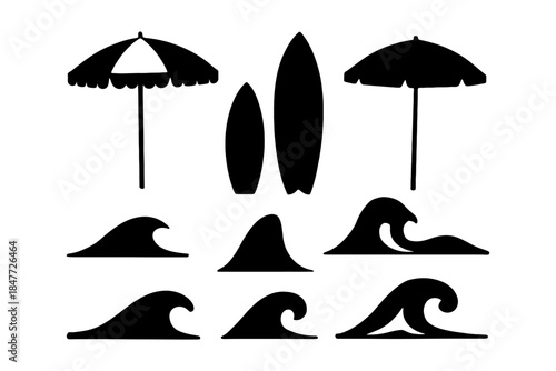 Beach elements: umbrellas, surfboards, and waves silhouettes.