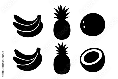 Set of banana, pineapple, and coconut silhouettes in black and white.