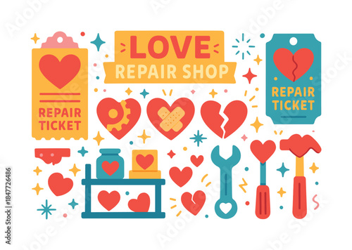 Love repair shop flat icon set. featuring tickets, gears, hearts, tools, bandages, and jars symbols