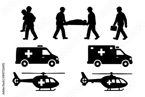 Emergency response icons: medics, vehicles, helicopters for crisis situations.