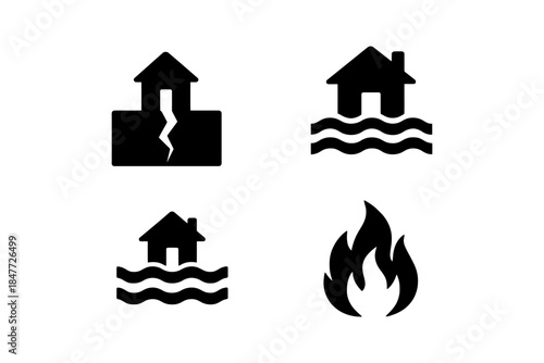 Natural disaster icons: earthquake, flood, fire symbols in black and white.